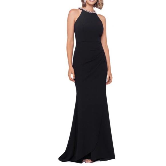 Xscape Embellished Chain Neck Trumpet Gown Maxi Dress in Black. Size 4. NWOT - Picture 1 of 8